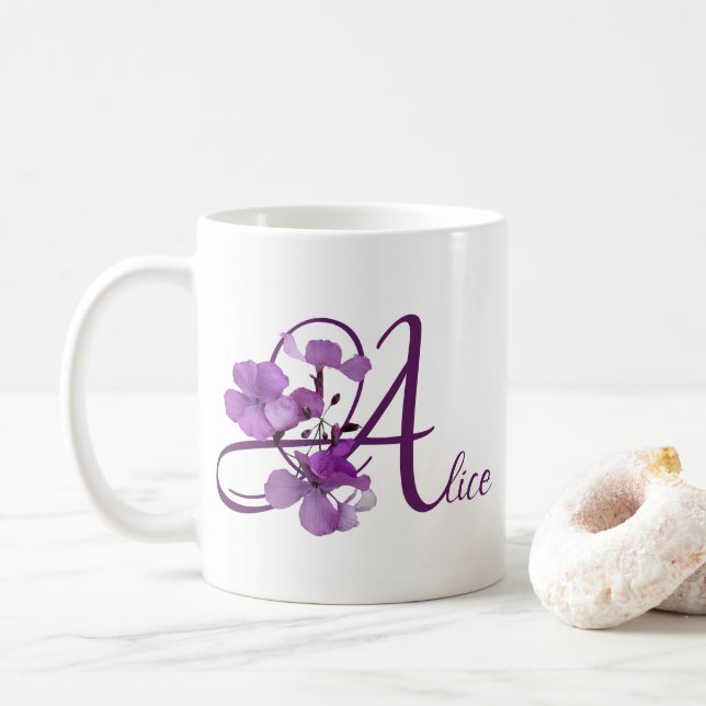 Hübscher lila blühender Name, niedlich Kaffeetasse (Mit Donut)
