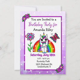 Hübscher Lila Geburtstag von Unicorn und Regenboge Einladung