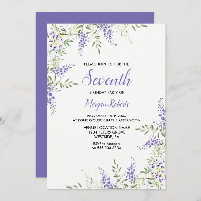 Hübscher Lila Lavendel am 7. Geburtstag Einladung (Vorne/Hinten)