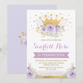 Hübscher Lila Lilac Princess Gold Crown Geburtstag Einladung