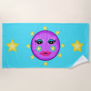 Hübscher Lila Mond Gesicht Gelbe Sterne Rosa Lippe Strandtuch