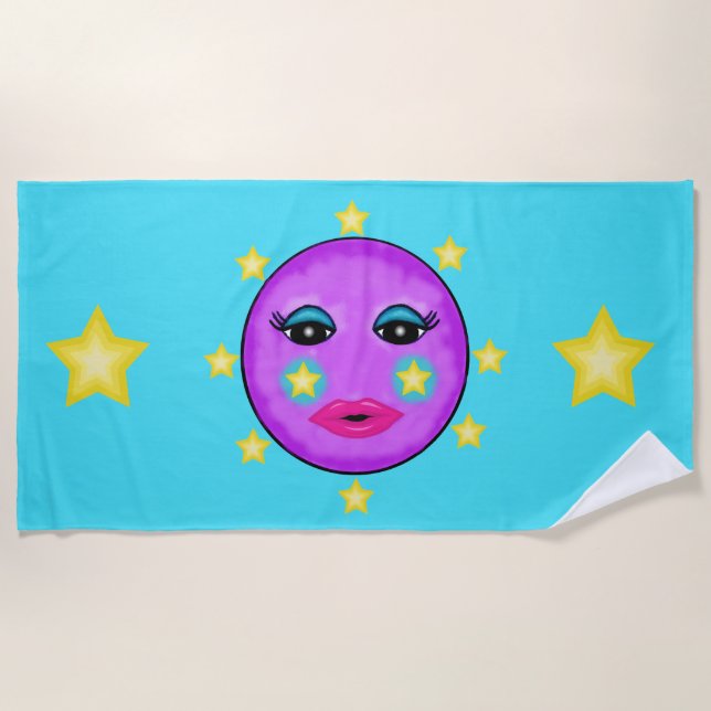 Hübscher Lila Mond Gesicht Gelbe Sterne Rosa Lippe Strandtuch (Vorderseite)