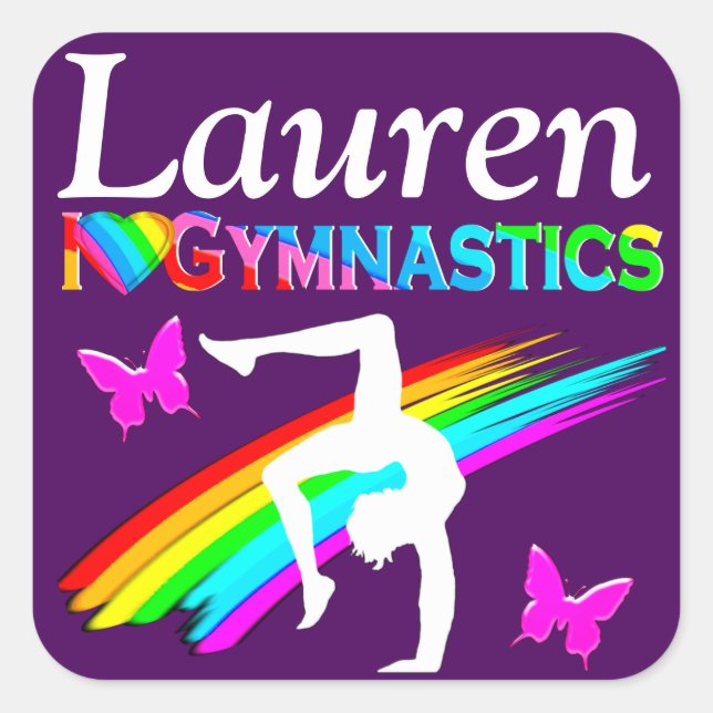 HÜBSCHER LILA PERSONALISIERTER GYMNAST-MÄDCHENSTIC QUADRATISCHER AUFKLEBER (Vorderseite)