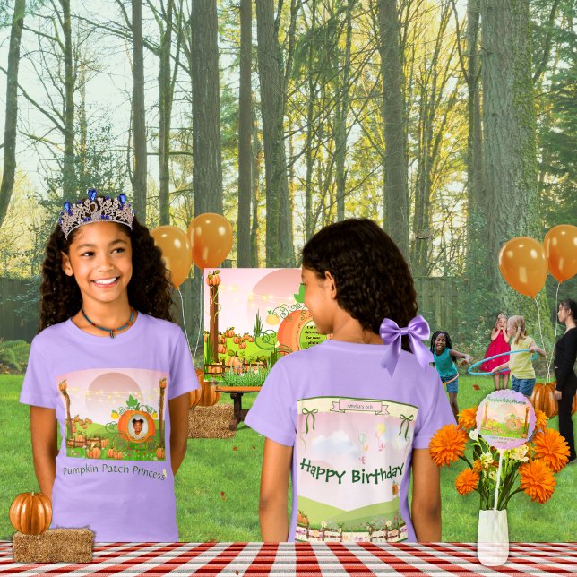 Hübscher Lila Pumpkin Patch Princess Girl's B'day T-Shirt (Cute lavender birthday shirt with your uploaded photo in the front, and personalization on the back)