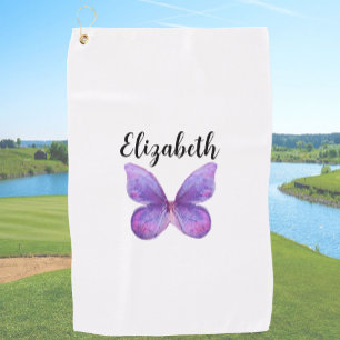 Hübscher lila Schmetterling mit individuellem Name Golfhandtuch