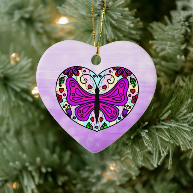 Hübscher Lila Schmetterling und Herz Mandala Keramik Ornament (Baum)