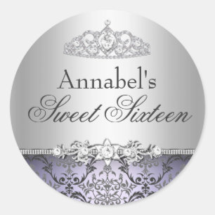 Hübscher lila und silberner Damast Sweet 16 Aufkle Runder Aufkleber