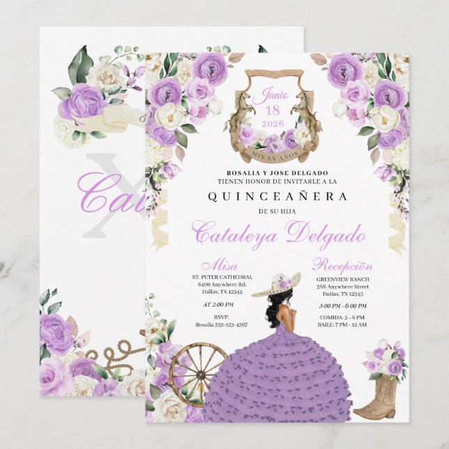 Hübscher Lila Western Charro Quinceañera Einladung (Vorne/Hinten)