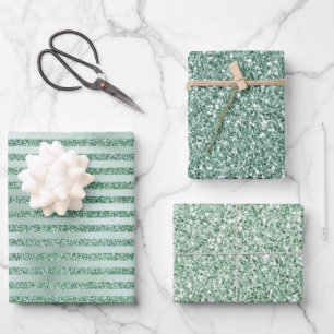 Hübscher Minze Grüner Glitzer Ombre Streifen Geschenkpapier Set