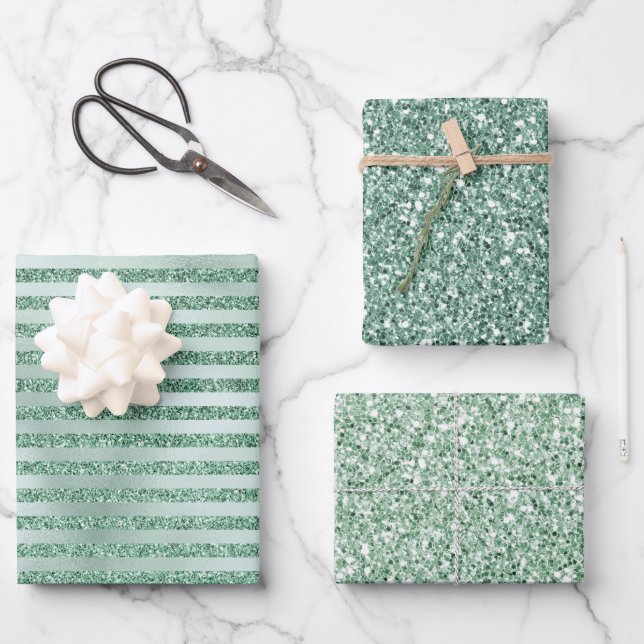 Hübscher Minze Grüner Glitzer Ombre Streifen       Geschenkpapier Set (Vorderseite)