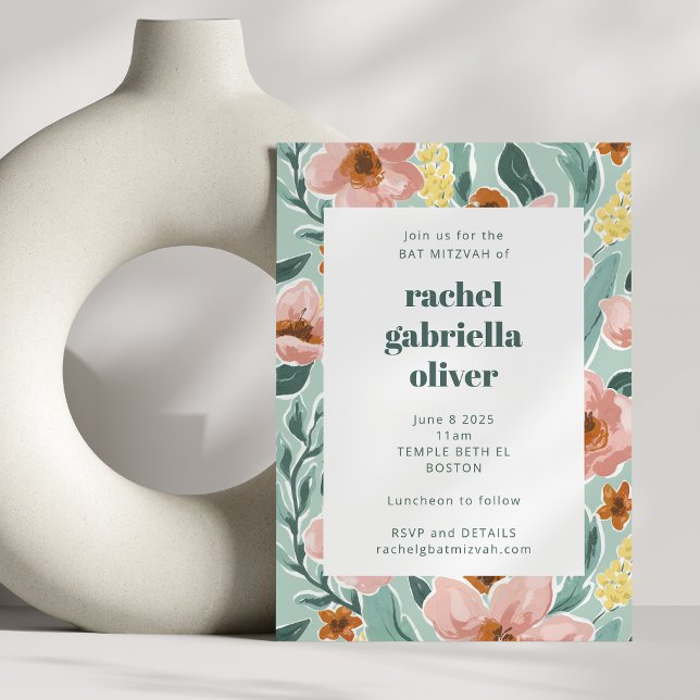 Hübscher Minzspülung Rosa Blütenpink Bat Mitzvah Einladung (Von Creator hochgeladen)