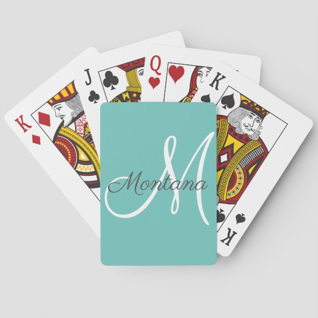Hübscher, moderner Girl Monogram Blue Green Name  Spielkarten (Rückseite)