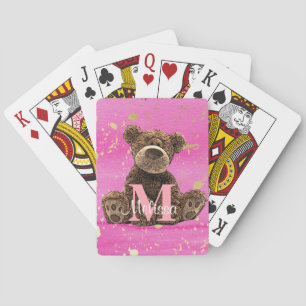 Hübscher Monogram-Wasserfarben-Kid's Pink Teddy Bä Spielkarten