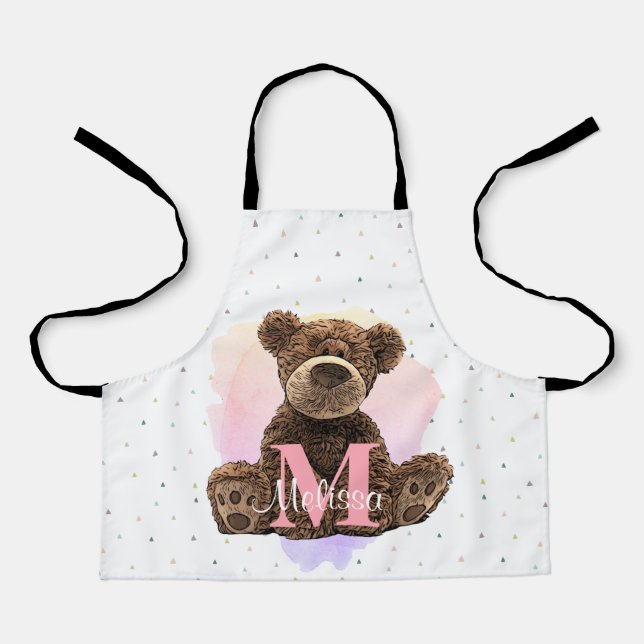 Hübscher Monogramm Aquarellname Rosa Teddybär Schürze (Vorderseite)