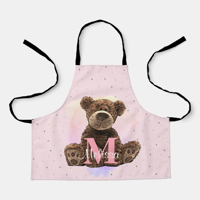 Hübscher Monogramm Aquarellname Rosa Teddybär Schürze (Vorderseite)