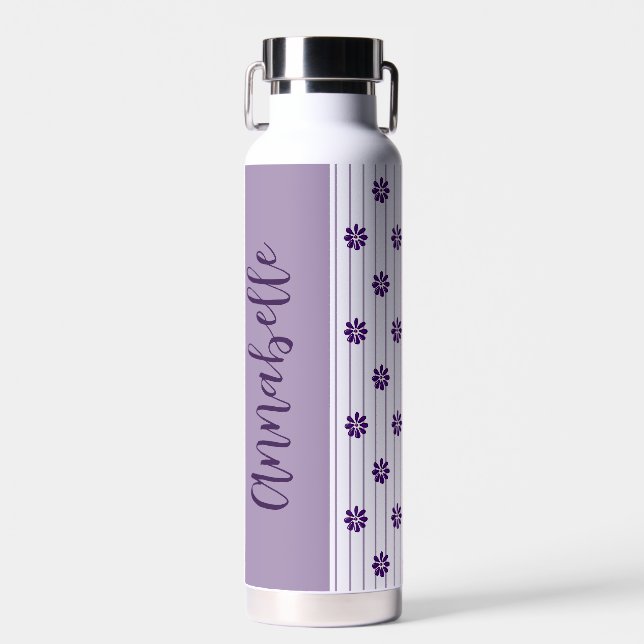 Hübscher Name Violettstreifen und violette Blumen Trinkflasche (Vorne)