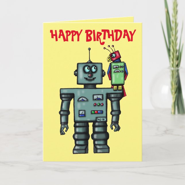 Hübscher niedlicher Roboter und Papagei-Geburtstag Karte (Vorderseite)
