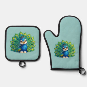 Hübscher Pfau mit großen Augen Kawaii-Vogeldesign Ofenhandschuh & Topflappen-Set