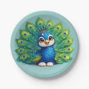 Hübscher Pfau mit großen Augen Kawaii-Vogeldesign Pappteller