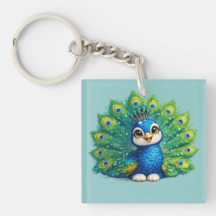Hübscher Pfau mit großen Augen Kawaii-Vogeldesign Schlüsselanhänger