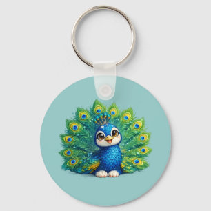 Hübscher Pfau mit großen Augen Kawaii-Vogeldesign Schlüsselanhänger