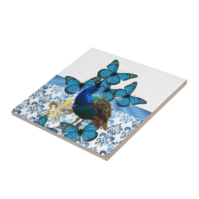 Hübscher Pfau und blaue Schmetterlinge Fliese (Seite)