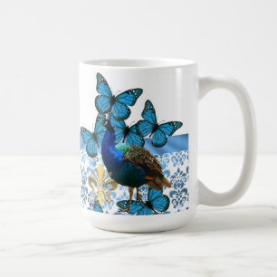 Hübscher Pfau und blaue Schmetterlinge Kaffeetasse