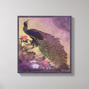 Hübscher Pfau und Pfingstrosen in Lila Leinwanddruck