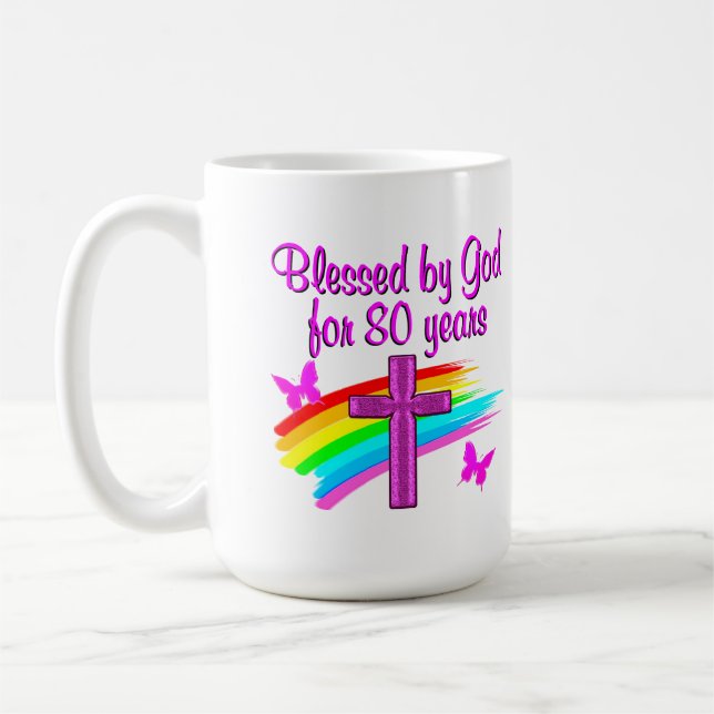 HÜBSCHER PINK, 80 JAHRE lang VON GOTT VERBLEST Kaffeetasse (Links)