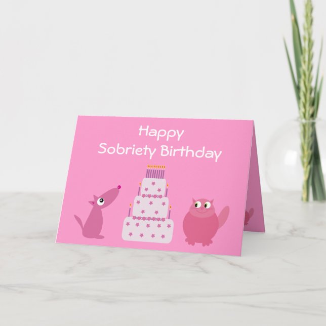 Hübscher Pink Dog, Cat & Birthday Cake Sobriety Ca Karte (Vorderseite)