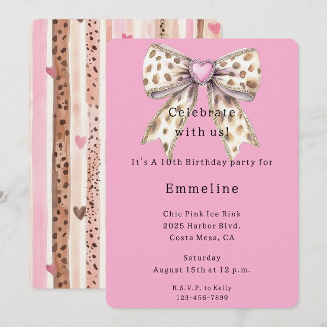 Hübscher Pink Heart Leopard Girly Bow Geburtstag Einladung (Vorne/Hinten)