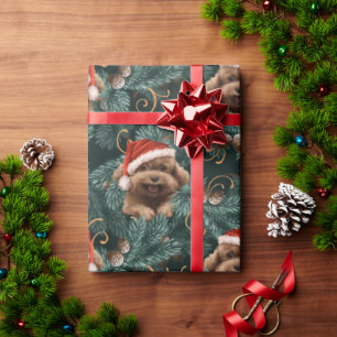 Hübscher Pudel-Hund Weihnachtsmann-Hut Tannenzweig Geschenkpapier