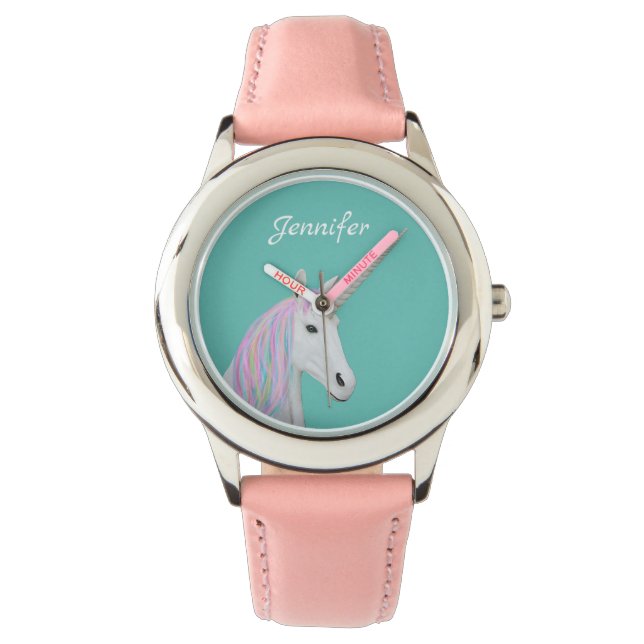 Hübscher Regenbogen Einhorn Individuelle Name Kid' Armbanduhr (Vorderseite)