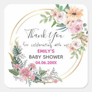 Hübscher rosa Blumenkranz Danke Baby Shower Quadratischer Aufkleber