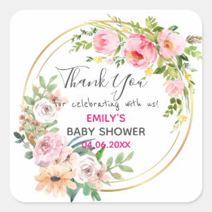 Hübscher rosa Blumenkranz Danke Baby Shower Quadratischer Aufkleber