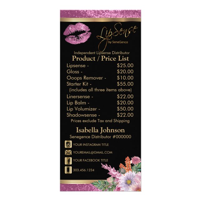 Hübscher Rosa floraler Lippen Glitzer - Schwarze P Werbekarte (Vorne)
