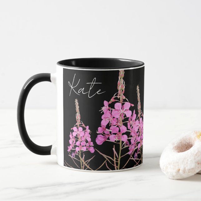Hübscher, rosa, floralfarbener Name Kate Tasse (Mit Donut)