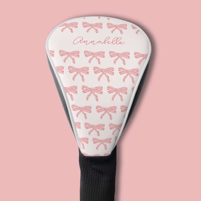 Hübscher rosa gestreifter Bugname Golf Headcover (Coquette Pink bow golf head cover, personalize with your own name or choice of text.)