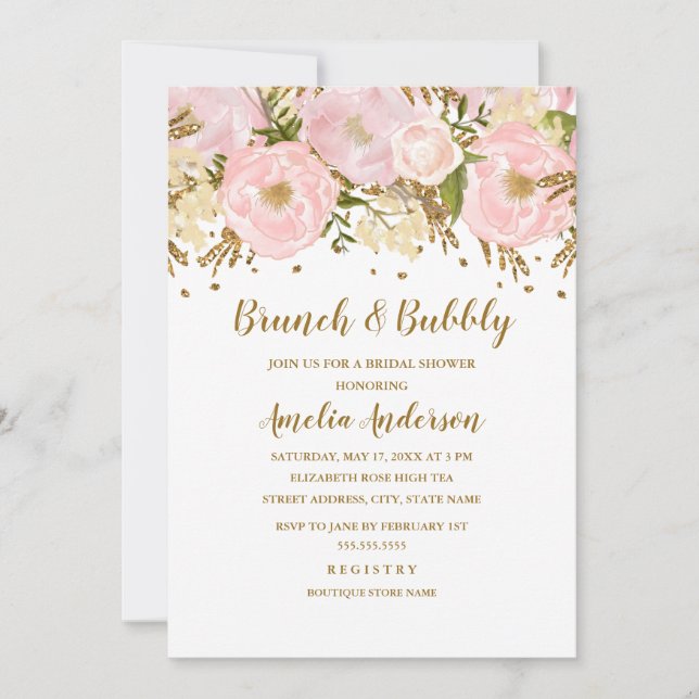 Hübscher rosa goldfarbener Brunch mit Blumenmotive Einladung (Vorderseite)