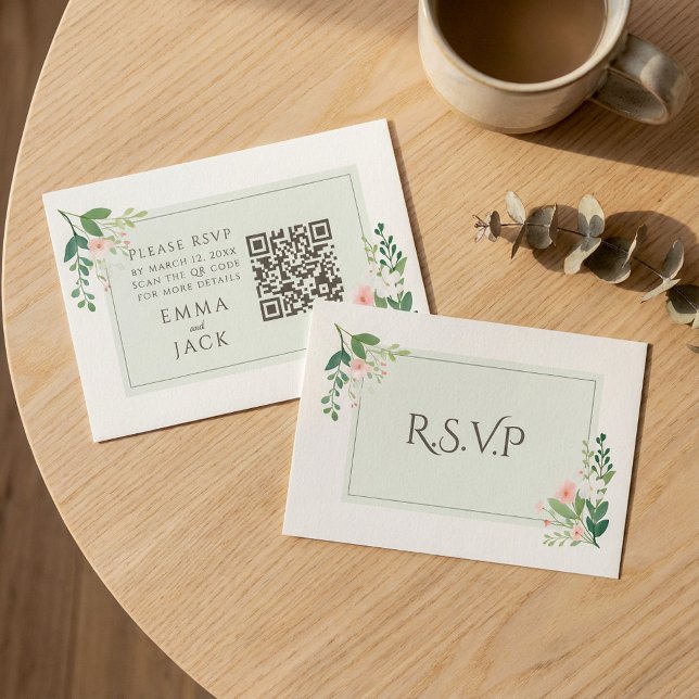 Hübscher rosa grüner Blumenzwiebelcode RSVP QR Cod Begleitkarte (Pretty Pink green Floral Wedding RSVP QR Code Enclosure Card.)