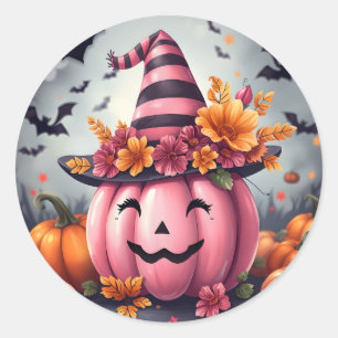 Hübscher rosa Halloween-Kürbis Jack-o-lantern Runder Aufkleber