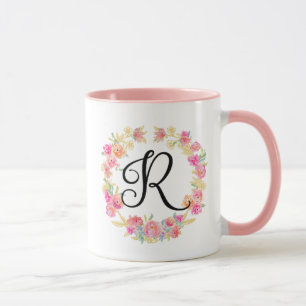 Hübscher rosa Monogramm- (R) Blumenkranz Becher Tasse
