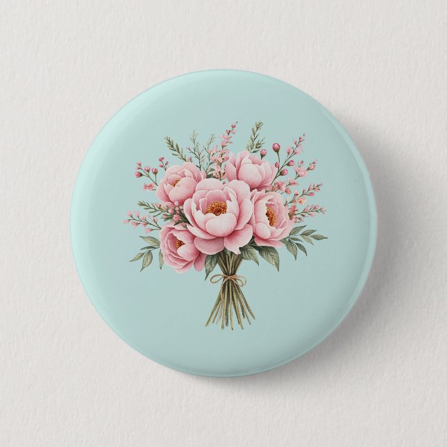 Hübscher rosa Pfingstrosen-Blumenstrauß Button (Vorderseite)
