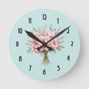 Hübscher rosa Pfingstrosen-Blumenstrauß Runde Wanduhr