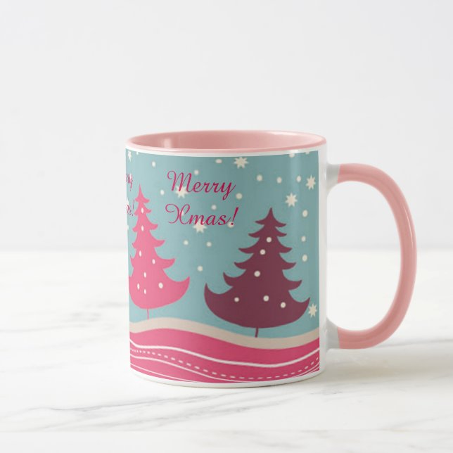 Hübscher rosa Retro fröhlicher Weihnachtsbaum, Tasse (Rechts)