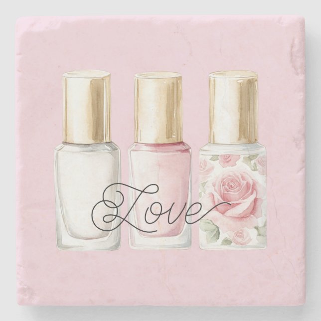 Hübscher Rosa-Rosé-Blumen-Nagellack Steinuntersetzer (Vorderseite)