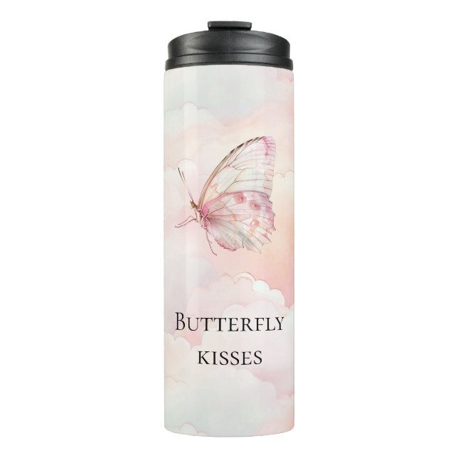 Hübscher rosa Schmetterling in den Wolken Thermosbecher (Vorderseite)