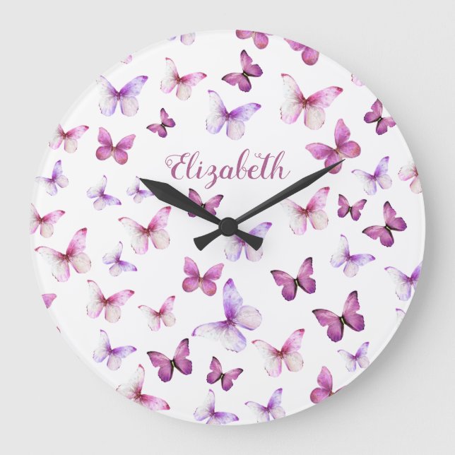 Hübscher Rosa Schmetterlinge Individuelle Name Große Wanduhr (Vorderseite)