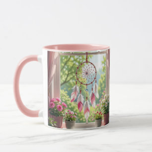 Hübscher Rosa Traumfänger und Pflanzen auf der Fen Tasse