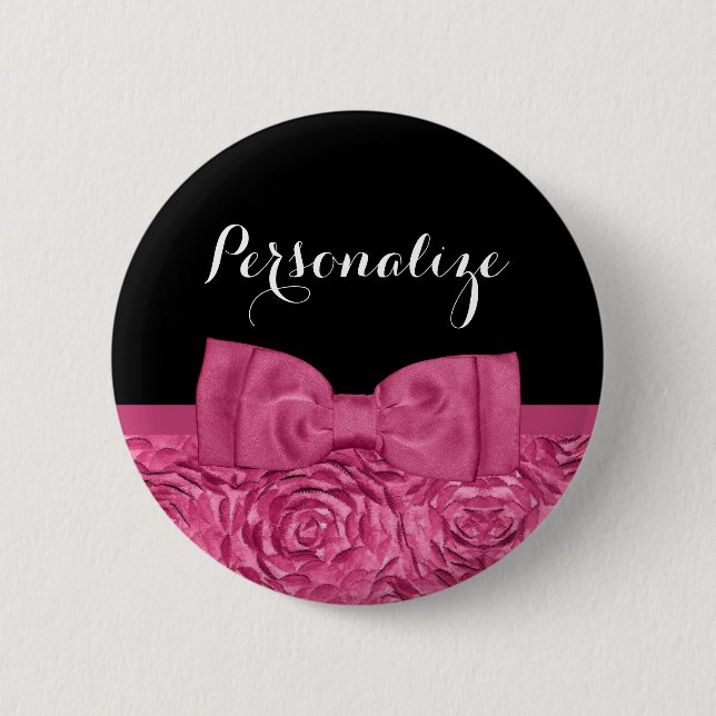 Hübscher rosa und schwarze Roseblumenchic-Bogen Button (Vorderseite)